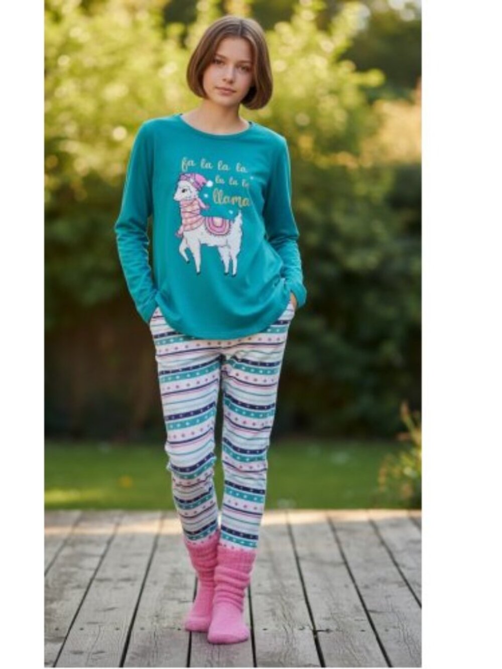 NWT Teal SO Llama Pajama Set with Fuzzy Socks Girls Size 4
